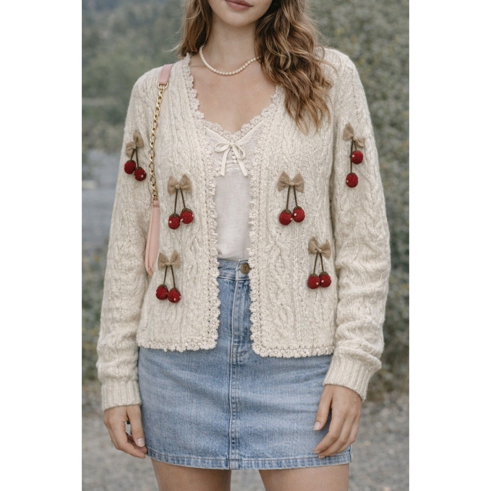 Cherry Sweet Cardigan Sweater Women Oversized Cozy‎ Cottagecore Coquette Knit
